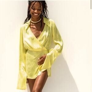 Rat & Boa Paloma Lemon Yellow Mini Satin Faux Wrap Dress Size Large